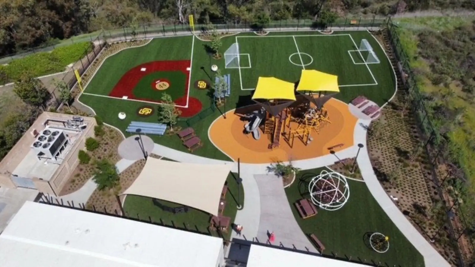 Completed athletic and recreation area with synthetic surfaces