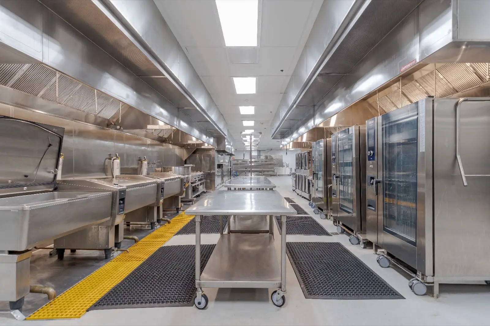 Completed stainless-steel commercial kitchen interior